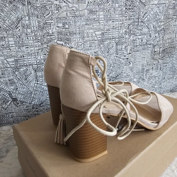 Light Pink Suede Lace Up Tassel Block Heel Sandals - Picture 2 of 5